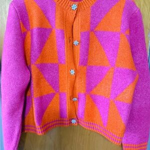 Vibrant Pink and Orange Geometric Cardigan with Crystal Snowflake Buttons
